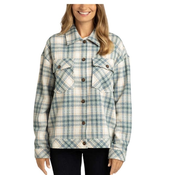Women's Boston Traders XXL 20 - 22 Button Shirt Jacket Shacket Plaid Teal Blue - Picture 5 of 9